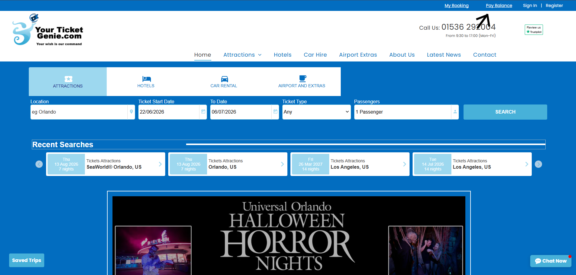 Blue-and-white event ticket website for University of Hartford Horror Festival, with search bars and featured poster