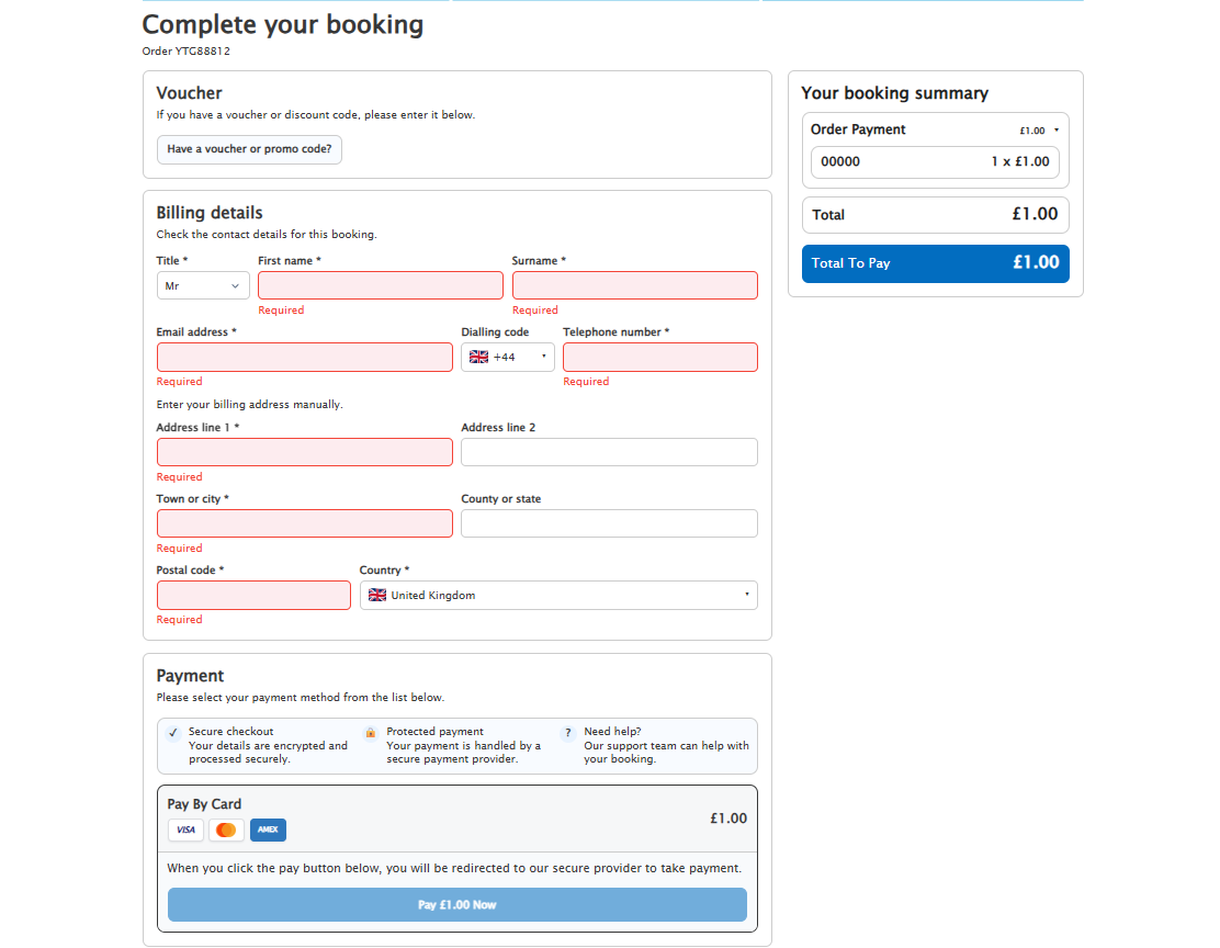 Booking checkout form with red validation errors and a blue payment button