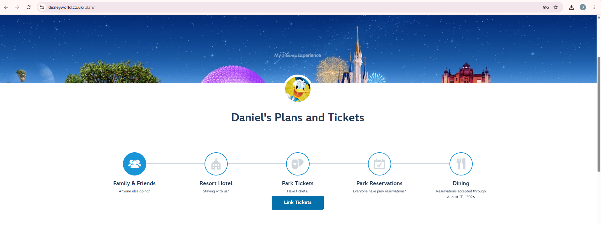 Website homepage with a blue sky banner, logo, and five feature icons in a row