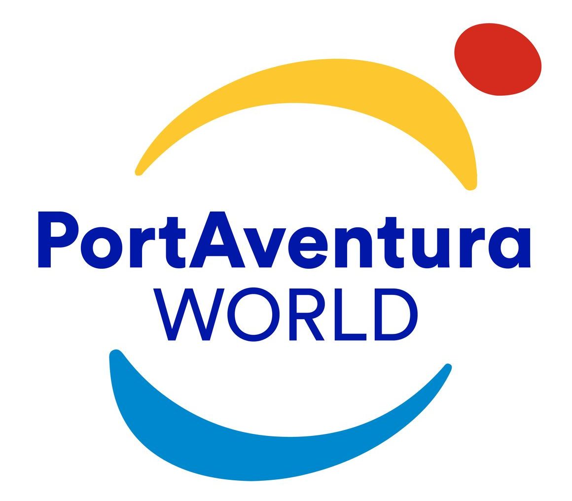 A logo for portaventura world with a yellow blue and red circle