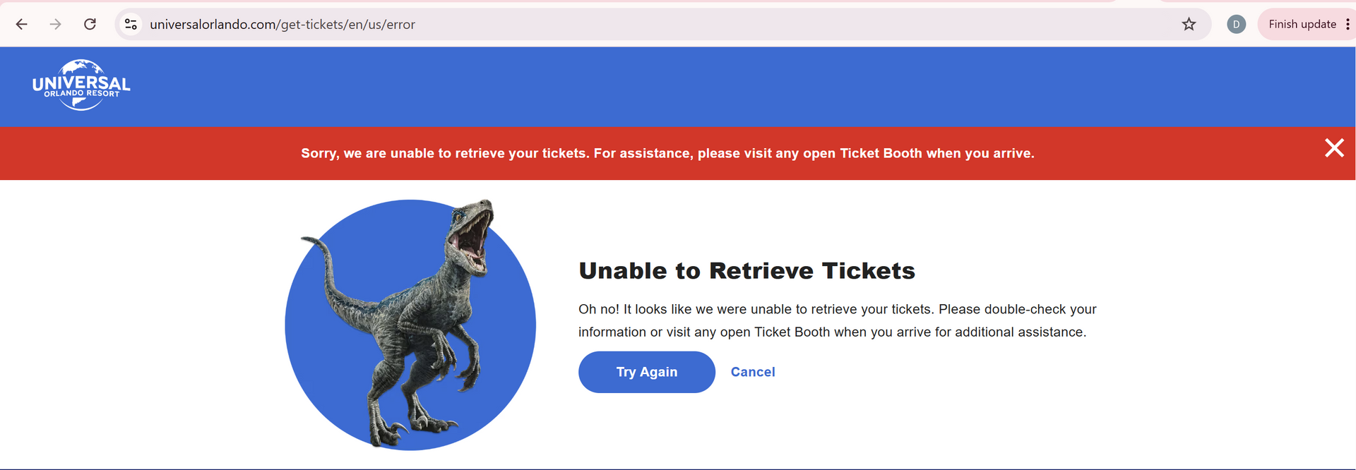 Browser error page with blue logo, red alert banner, and dinosaur graphic beside “Unable to Retrieve Tickets” message