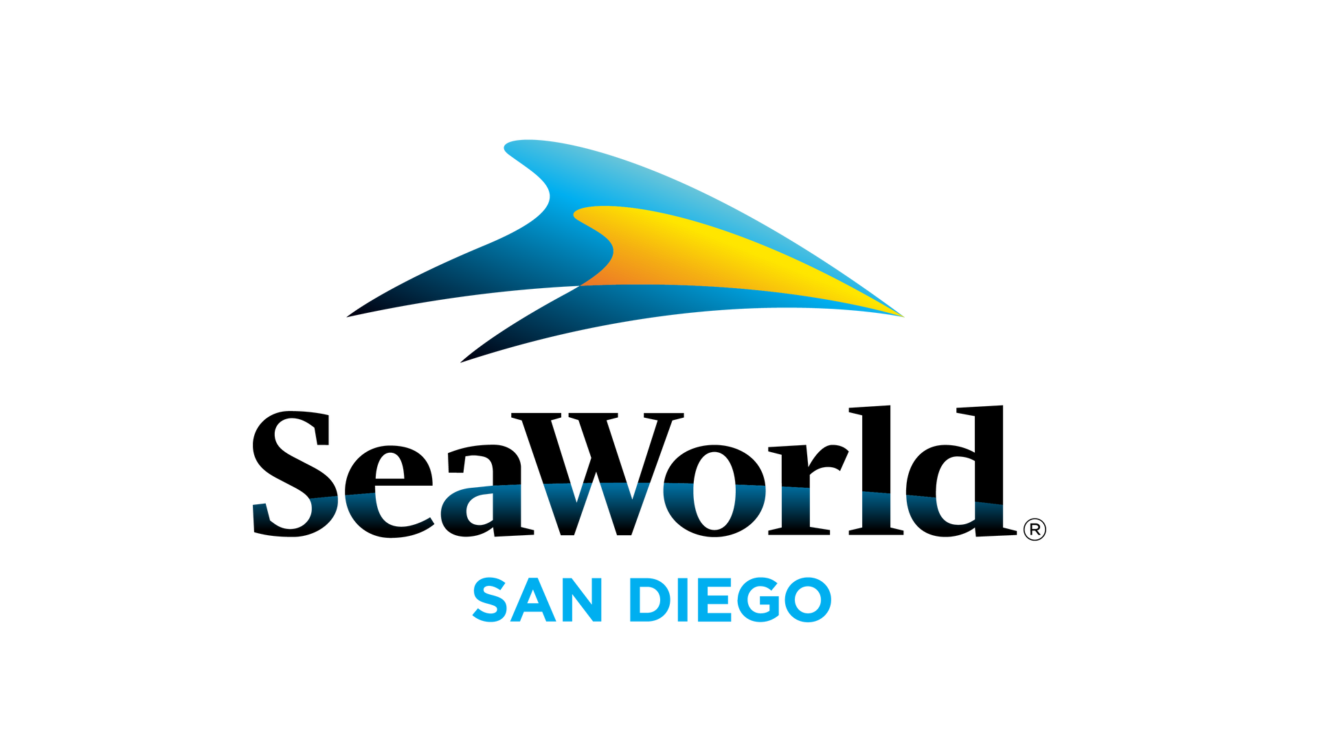 The logo for seaworld san diego is blue and yellow.