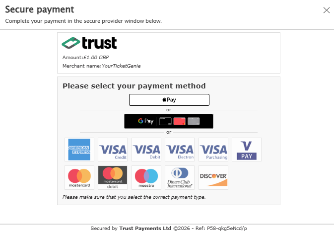 Secure payment popup asking to select a payment method, with Trust branding and credit card logos