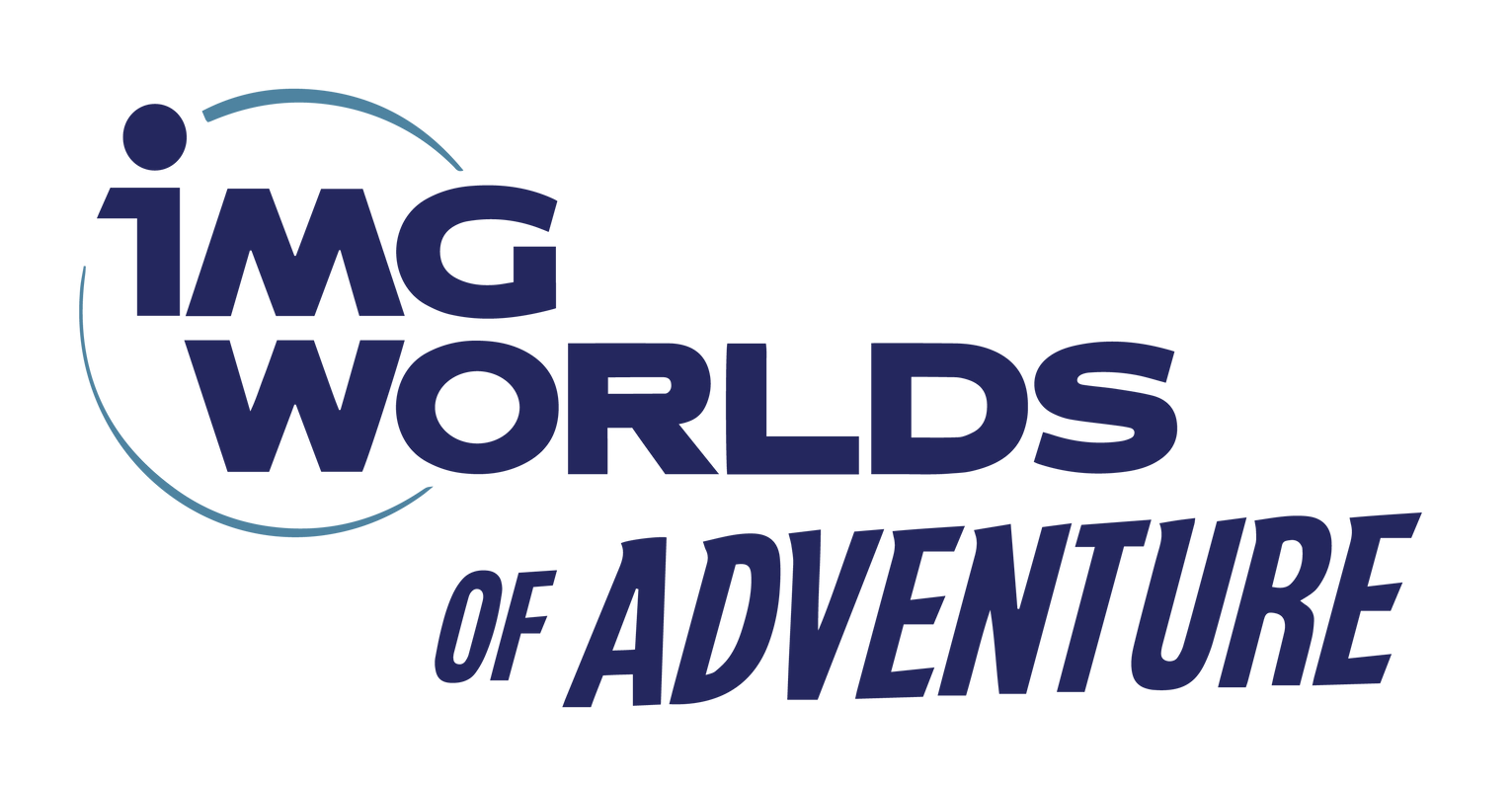 The logo for img worlds of adventure is blue and white.