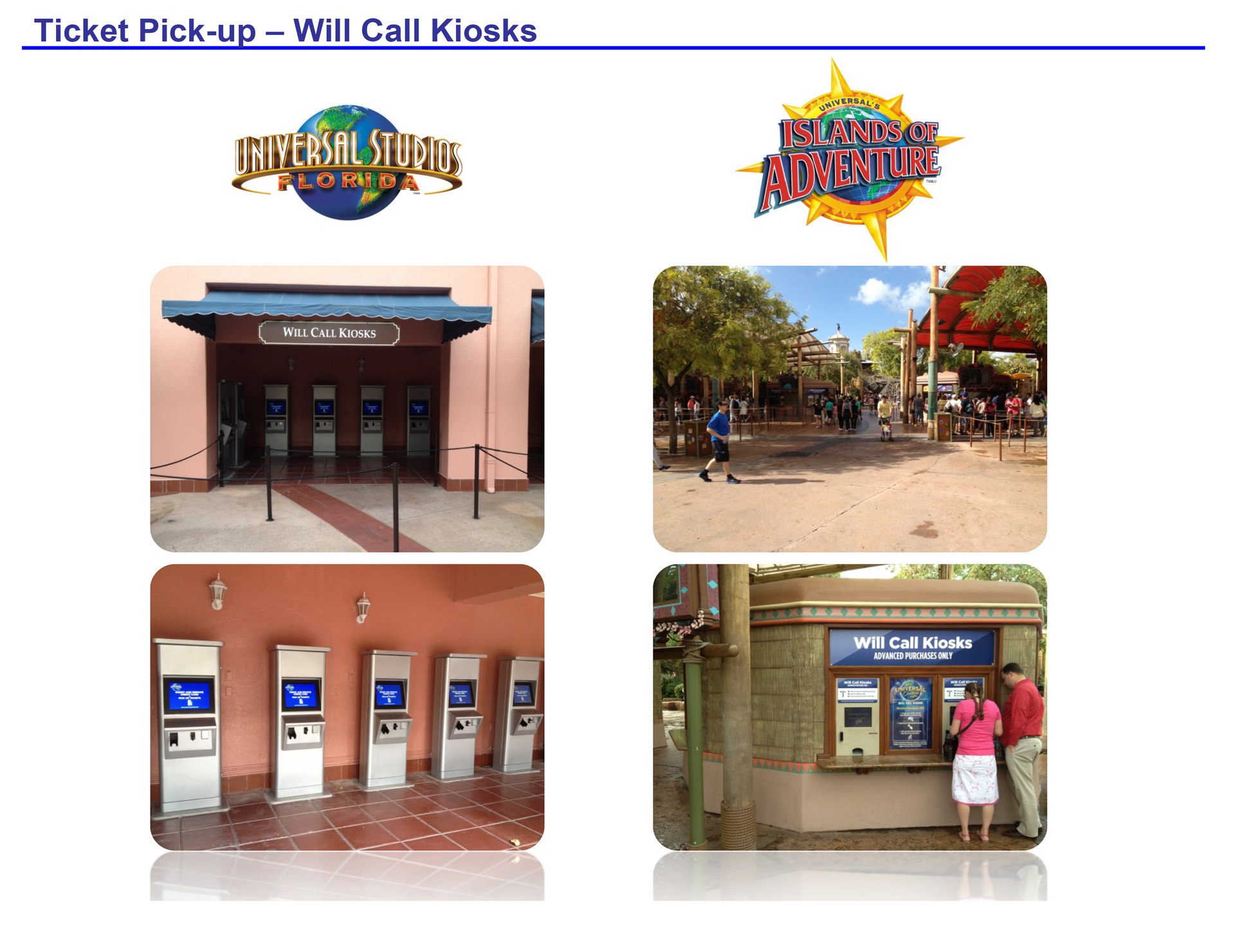 Call kiosks at Disney’s California Adventure, showing ticket pickup windows and kiosk machines.