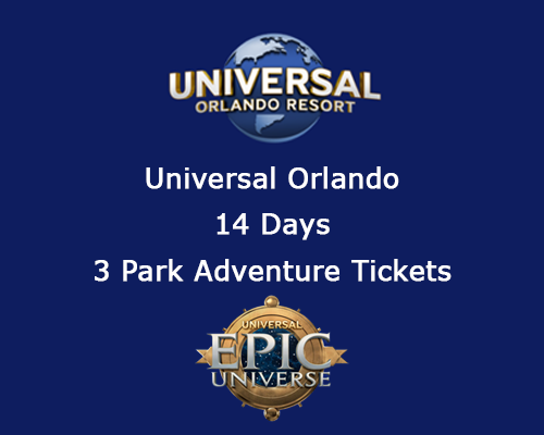 Universal Orlando Resort 14-day 3-park adventure tickets with Epic Universe logo