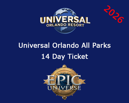 Universal Orlando Resort 14 Day Ticket graphic with Epic Universe logo on blue background, red 2026 text