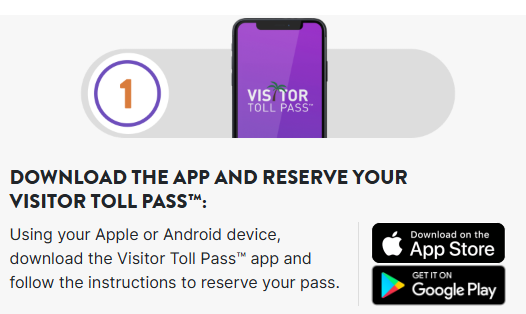 Step 1: download the Visitor Toll Pass app and reserve your pass, with App Store and Google Play icons.