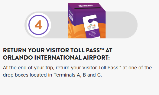 Instruction slide for returning your visitor toll pass at Orlando International Airport, with a purple/orange pass icon.