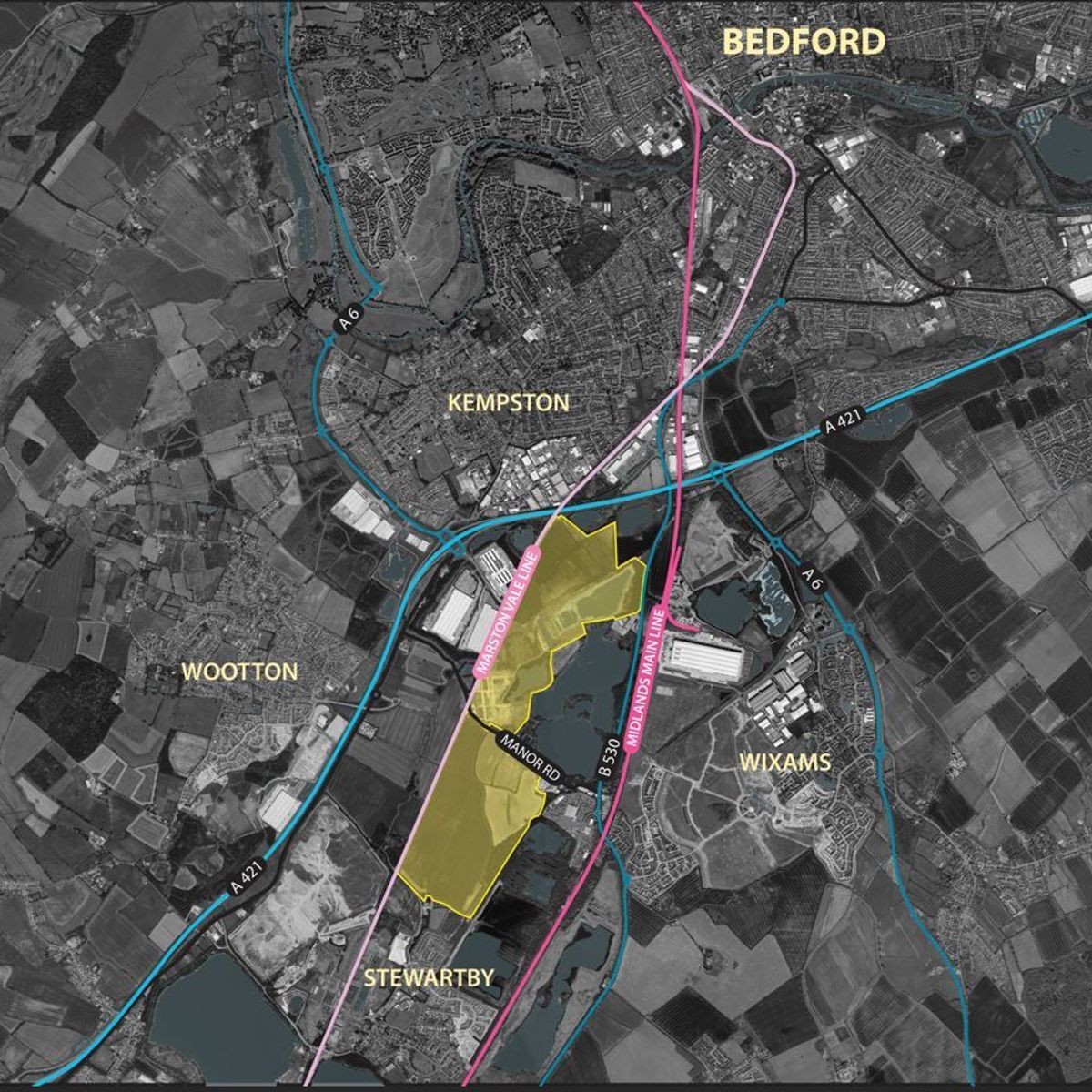 Map with highlighted yellow corridor between Newport and Wixams near Bedford, overlaid on satellite imagery.