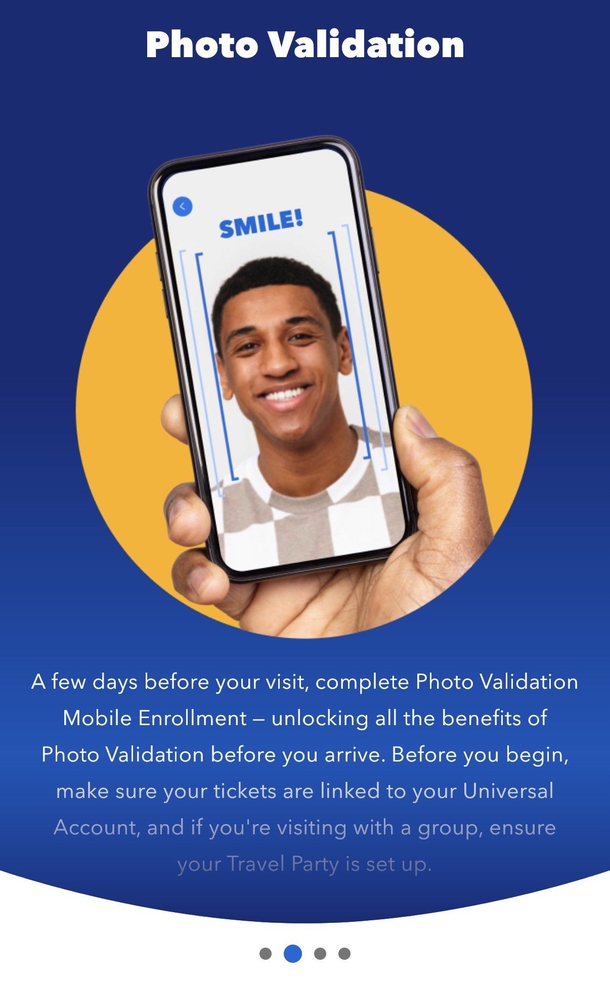 Photo Validation screen with a phone showing a smiling portrait on a blue and yellow background