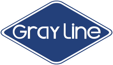 The gray line logo is a blue and white diamond shaped sign.