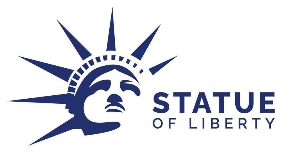 A blue logo for the statue of liberty