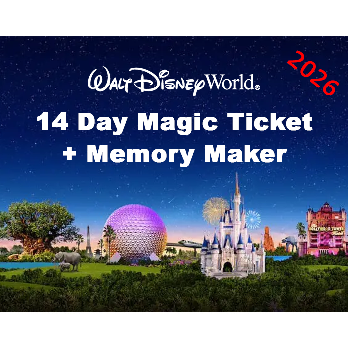 Walt Disney World 14 Day Magic Ticket + Memory Maker promo with Cinderella Castle and EPCOT geosphere at night