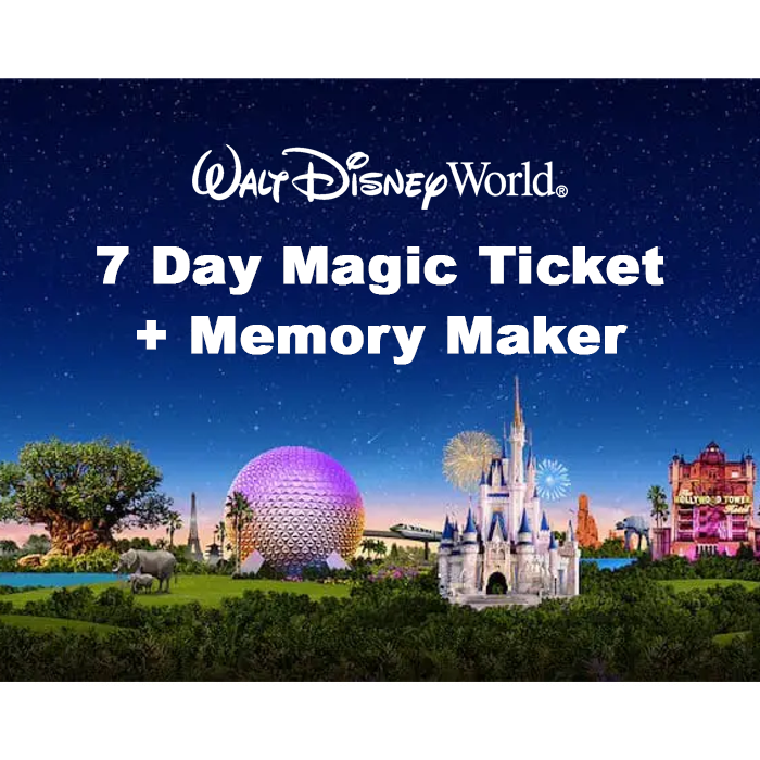 Walt Disney World promo with castle and Epcot sphere, text: “7 Day Magic Ticket + Memory Maker”