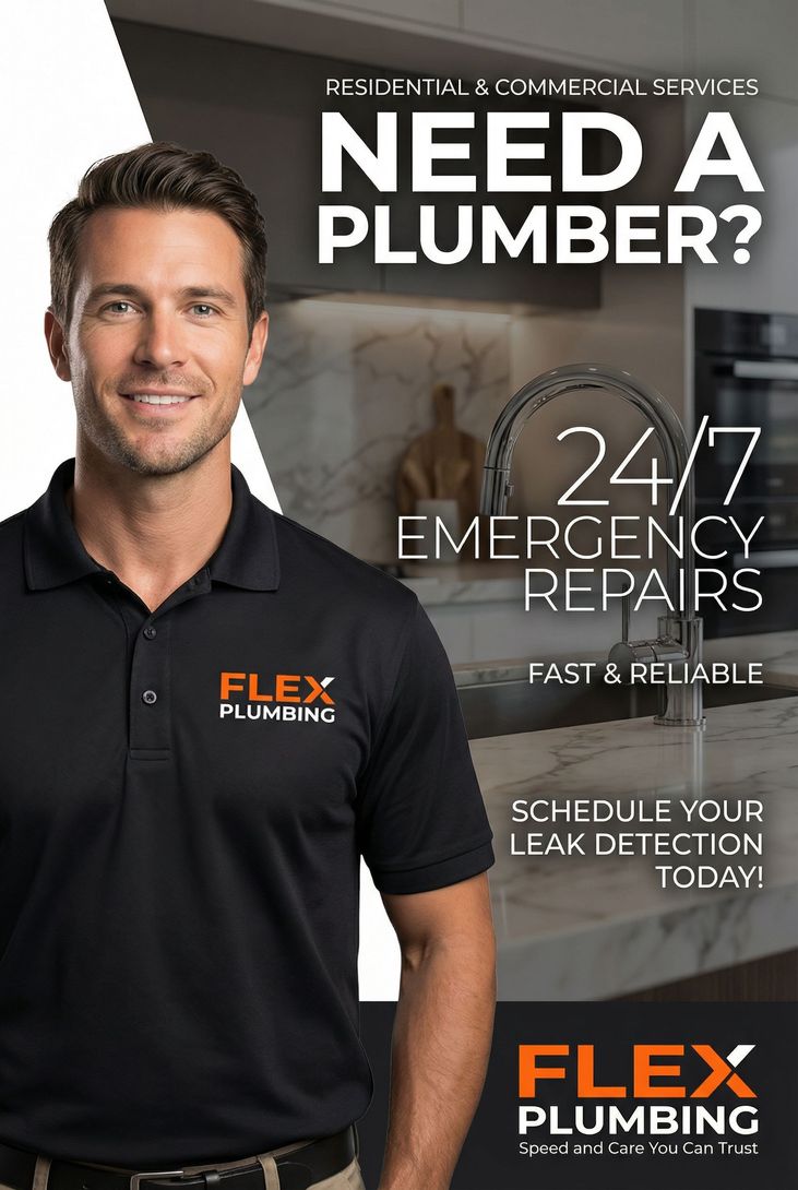 Plumber in black FLEX shirt beside text advertising 24/7 emergency plumbing repairs and leak detection.