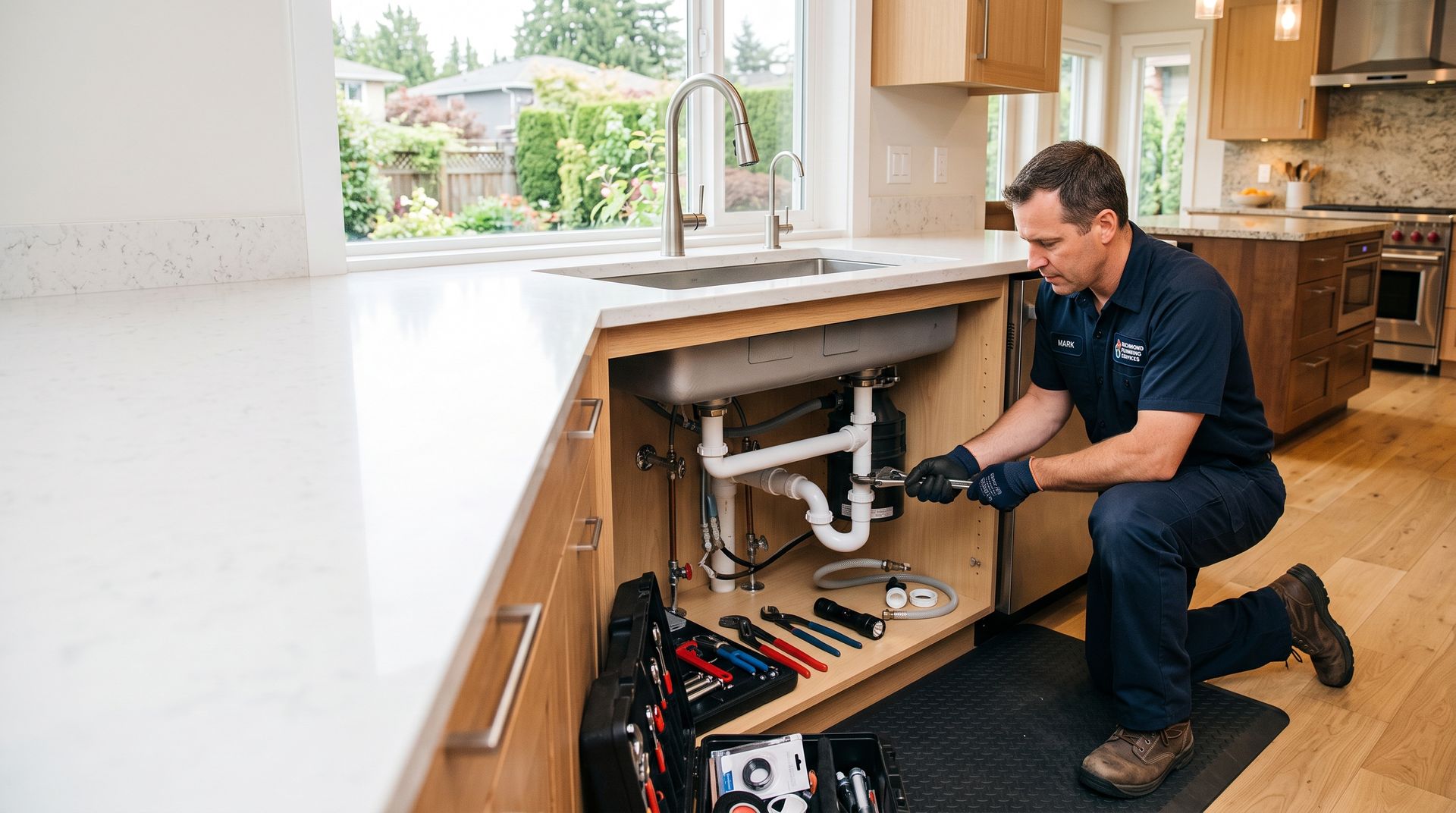 Plumber repairing pipes under a kitchen sink in a bright modern kitchen.