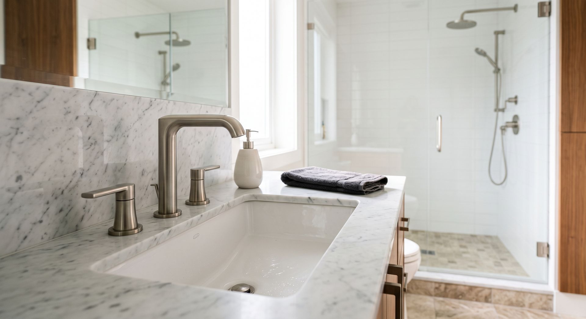 Modern marble bathroom with double vanity, large mirror, and walk-in shower