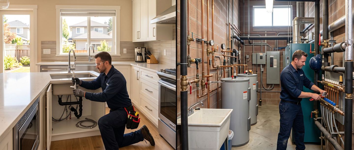 Plumber working under a kitchen sink; split view with exposed pipes and water heater in a utility room