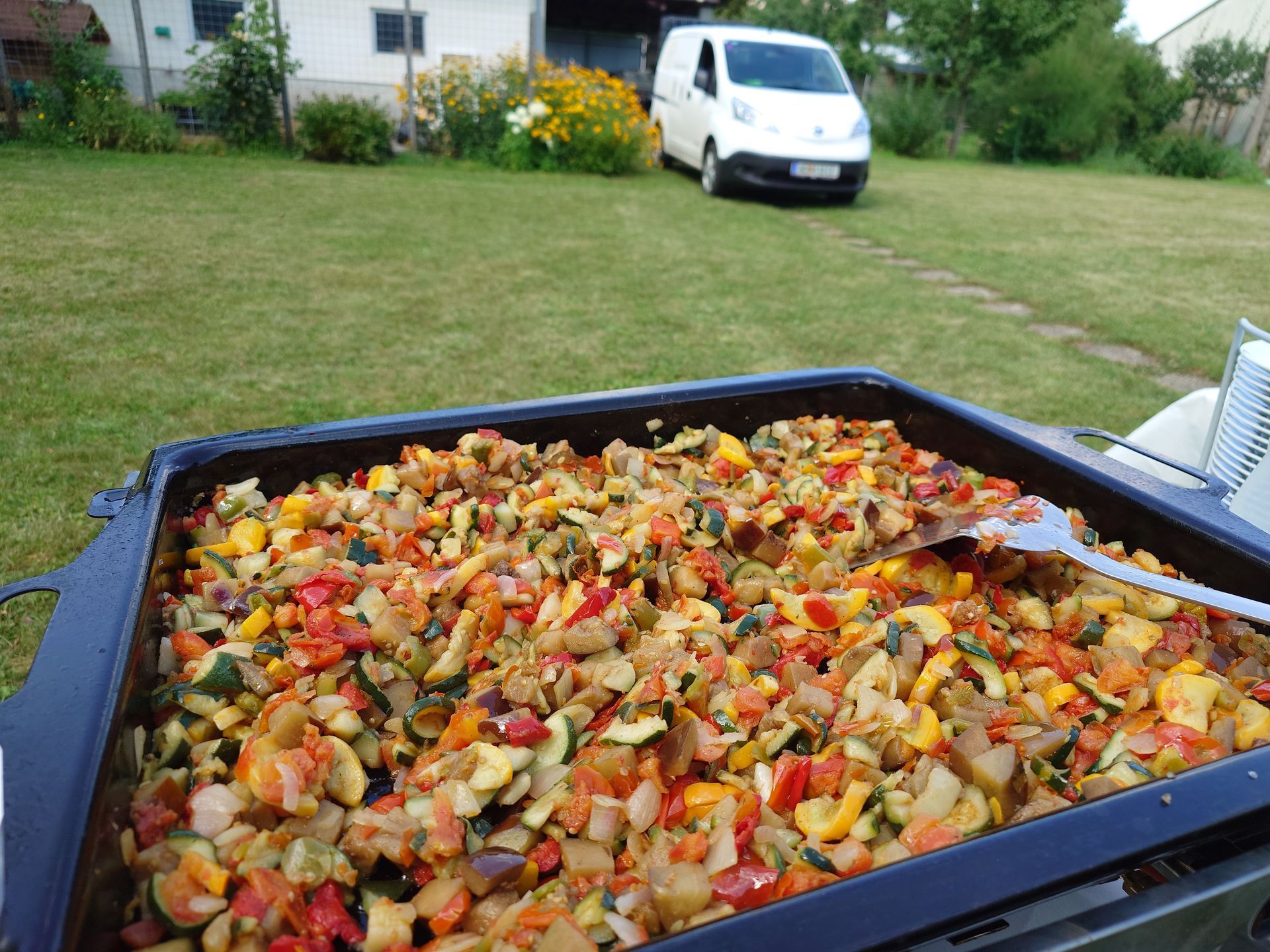 Schale mit gehacktem Gemüse, das draußen auf einem Grill zubereitet wird, mit einem weißen Van und einer Rasenfläche im Hintergrund