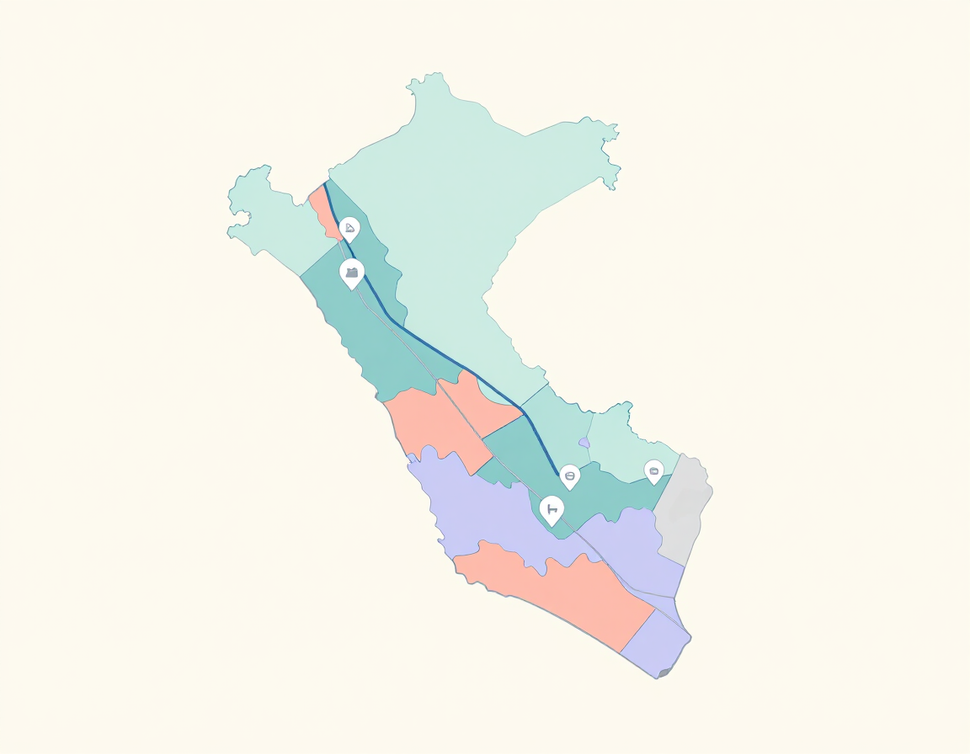 Mapa estilizado de zona de servicio de Gruas Meek en Cajamarca, Perú con marcadores de localidades