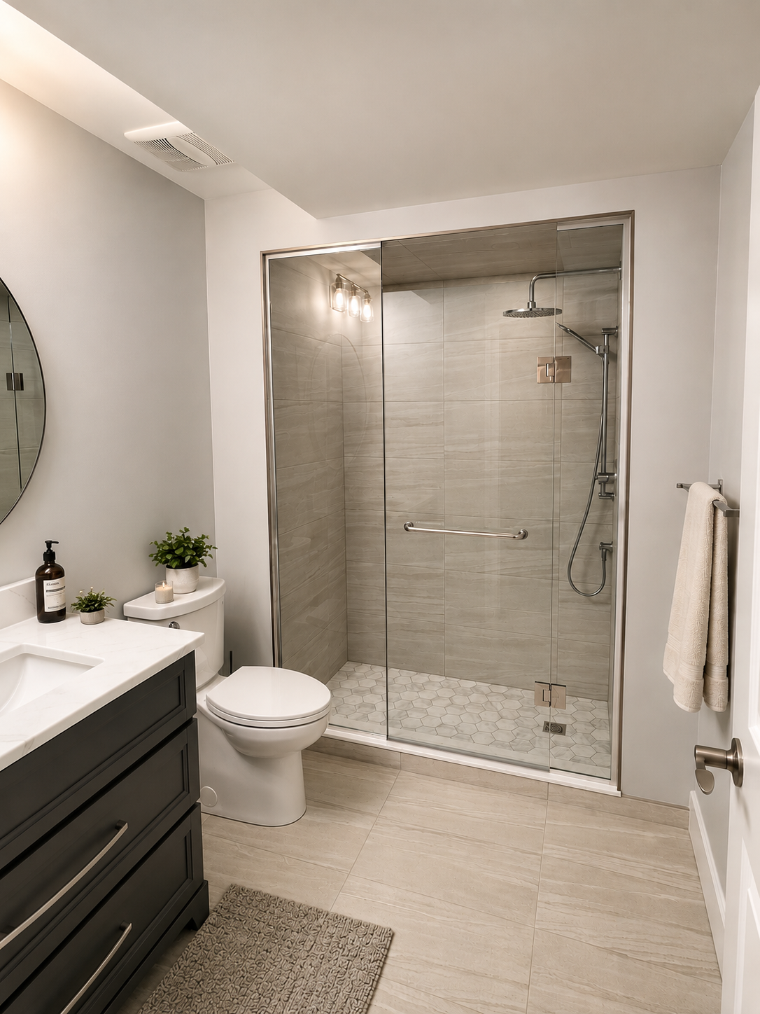 Modern bathroom with white tile shower, dark vanity, toilet, and gray rug