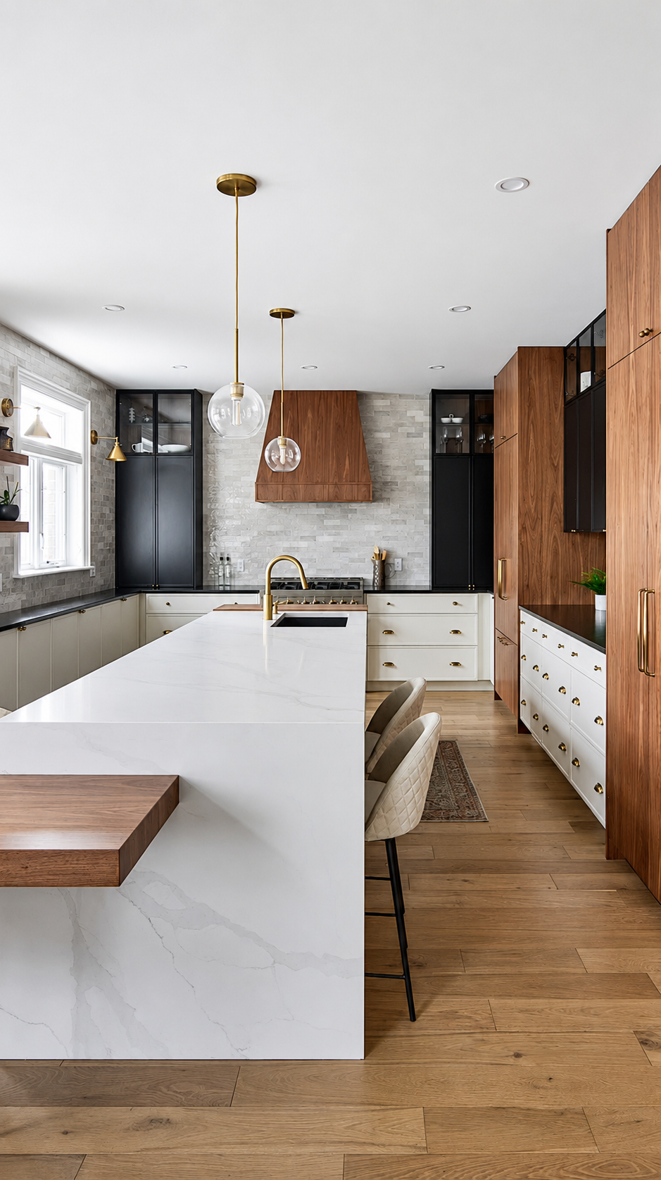 Modern kitchen with white island, wood flooring, black windows, and copper pendant lights