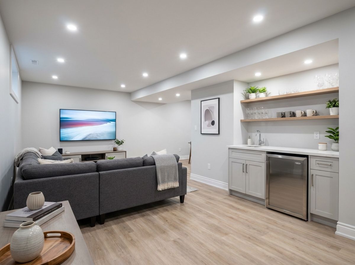 Modern living room with gray sectional, wall TV, recessed lights, and open kitchen shelving