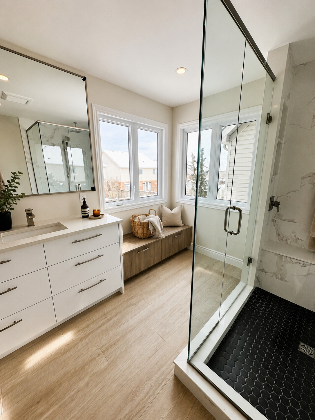 Bright modern bathroom with white vanity, large mirror, bench by windows, and glass shower enclosure