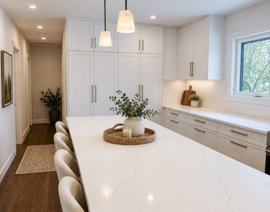 Bright modern white kitchen with long island, pendant lights, and built-in cabinetry