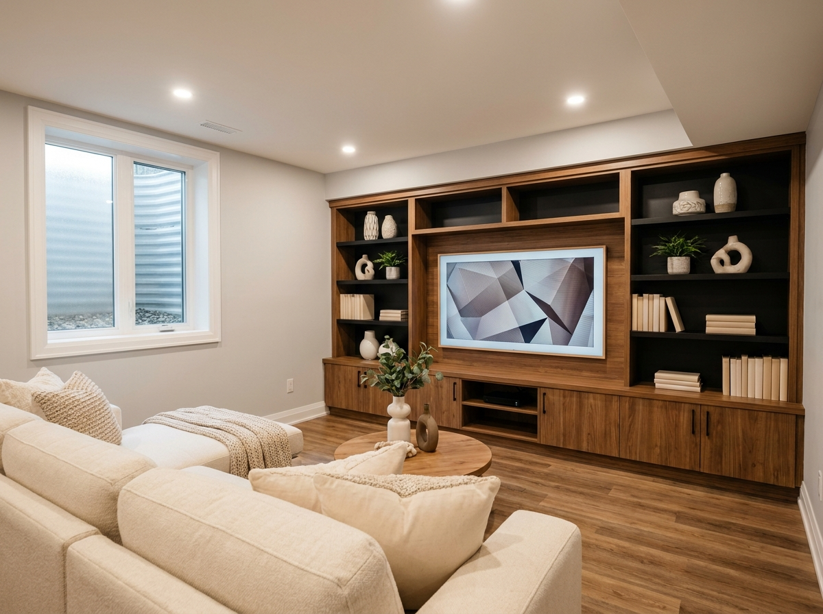 Empty modern room with white walls, recessed lights, wood floors, and dark doors along the back wall
