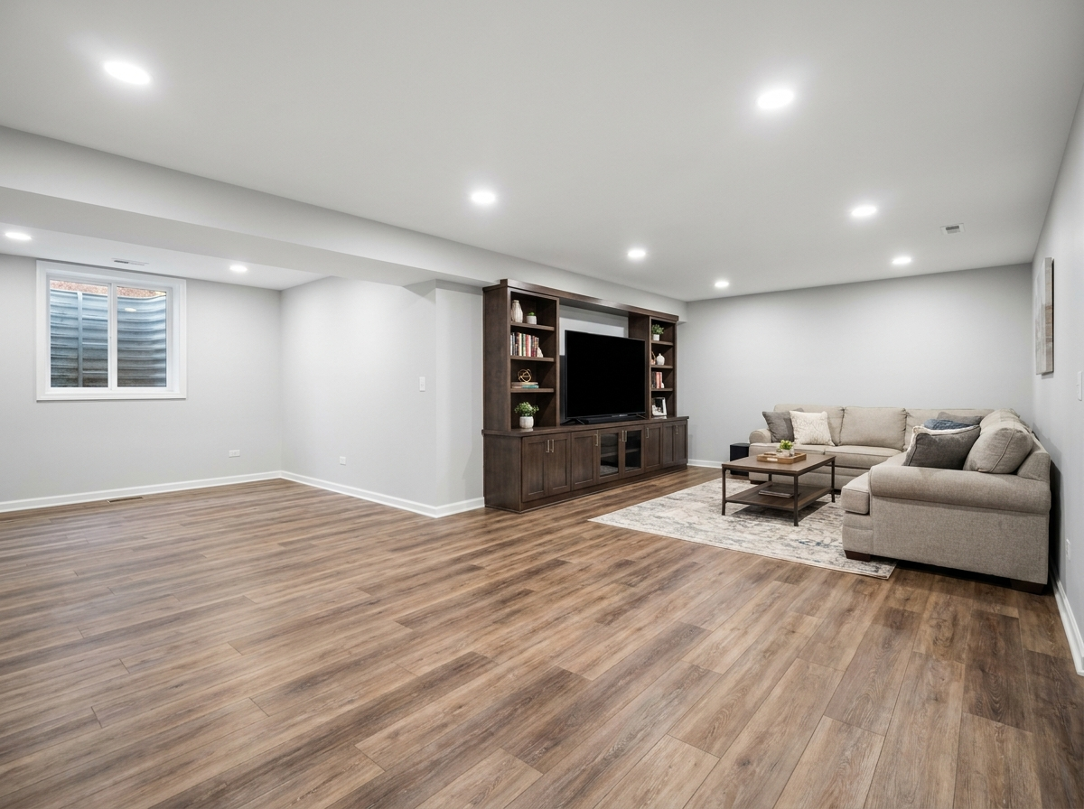 Spacious empty living room with gray couch, wood flooring, recessed lights, and a dark entertainment center