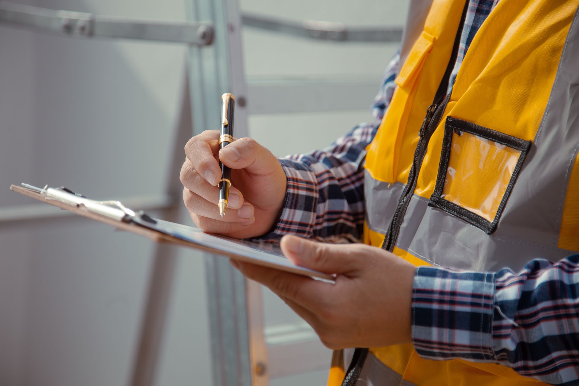 Construction team reviewing building plans at a desk with a calculator and measuring tools