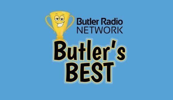 Butler Radio Network logo, Butler's Best award show graphic with smiling gold trophy on blue background.
