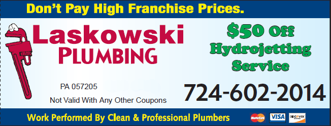 Advertisement for Laskowski Plumbing with a $50 off hydrojetting service, including a phone number.