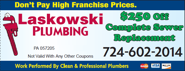 Advertisement for Laskowski Plumbing: offers $250 off complete sewer replacement. Includes phone number and accepts credit cards.