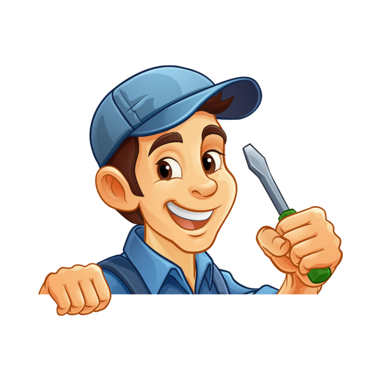 A cartoon man is holding a screwdriver over a sign.