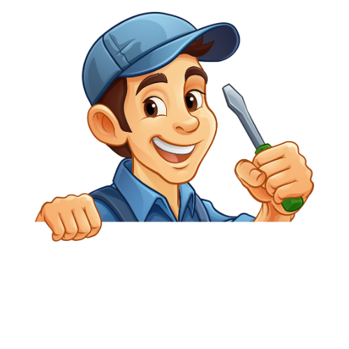 A cartoon man is holding a screwdriver over a sign.