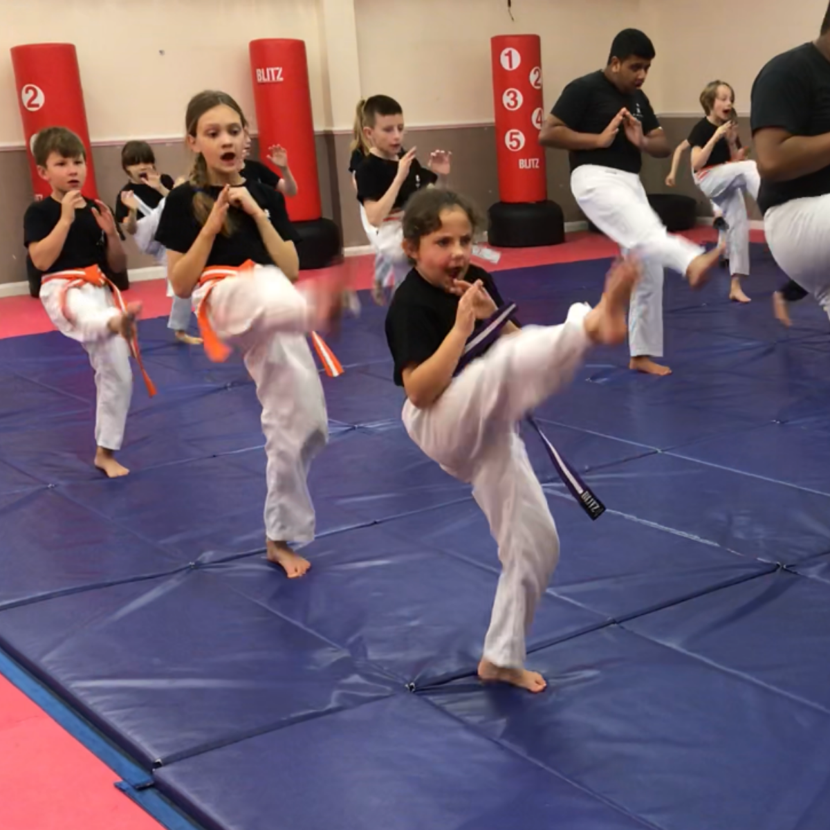 A group of kids are practicing martial arts on a mat