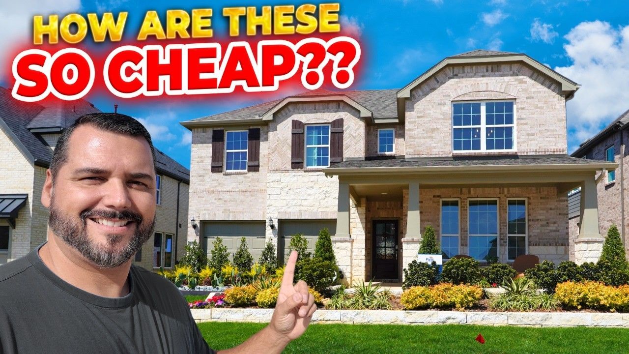 Man points at a house, text