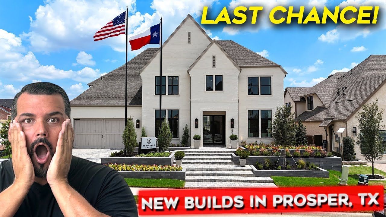 Man with shocked expression in front of a luxury house in Prosper, TX, with flags.