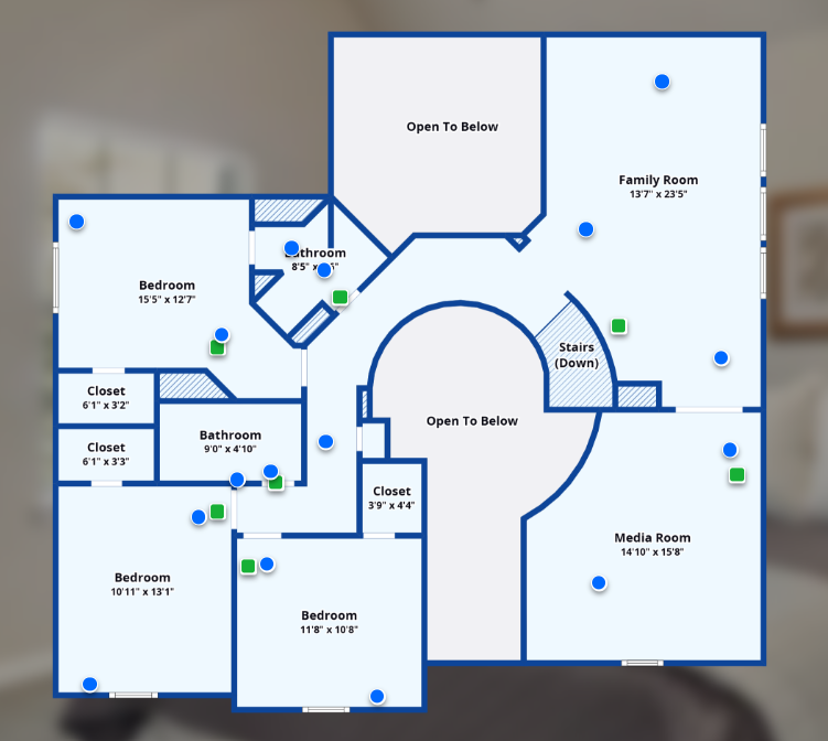 Home floor plan with labeled rooms, blue walls, and icons marking doors, windows, and fixtures.