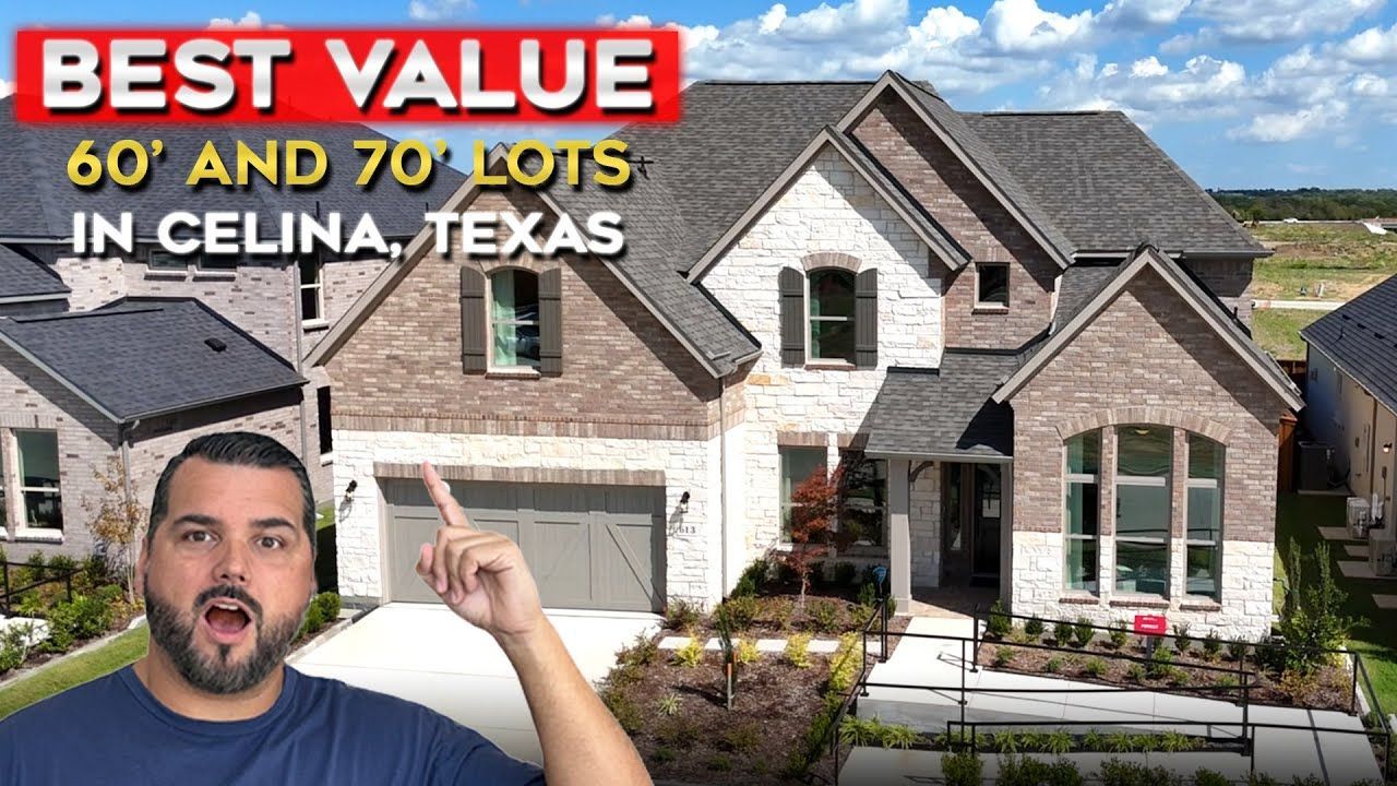 Man pointing at a two-story house in Celina, Texas, with text overlay