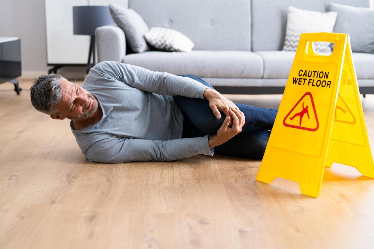 Man lies on wet floor, clutching knee, near a 