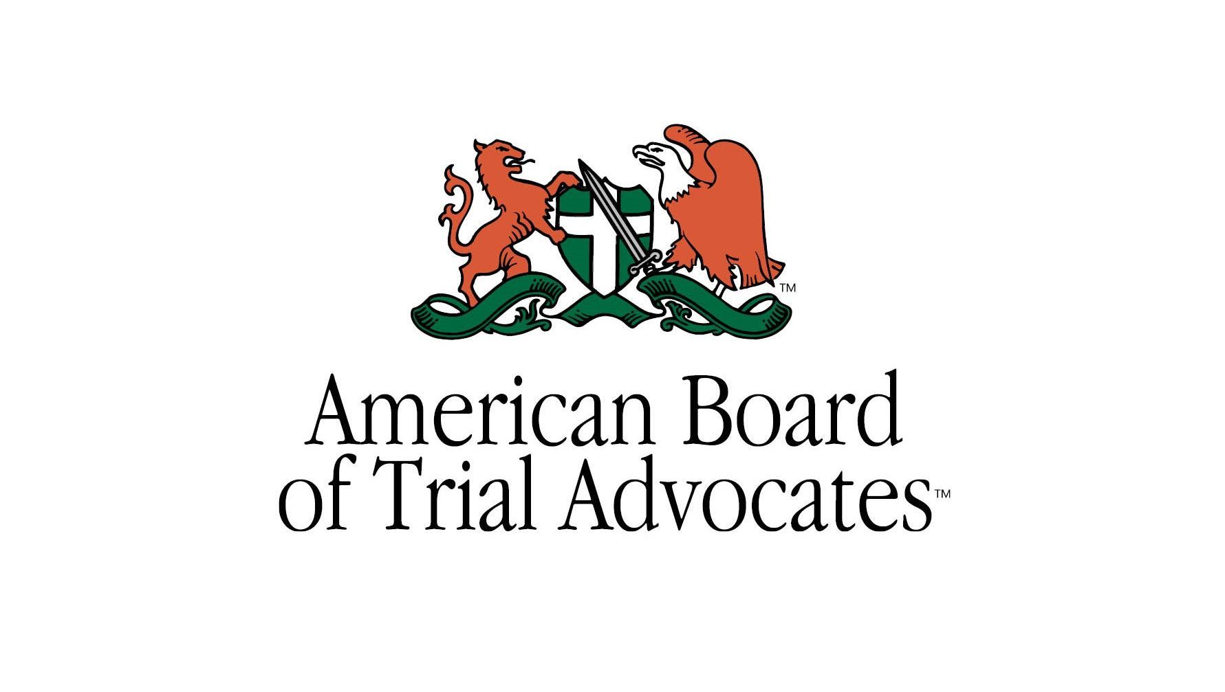 Logo of the American Board of Trial Advocates: a shield with crossed swords, flanked by a lion and an eagle.
