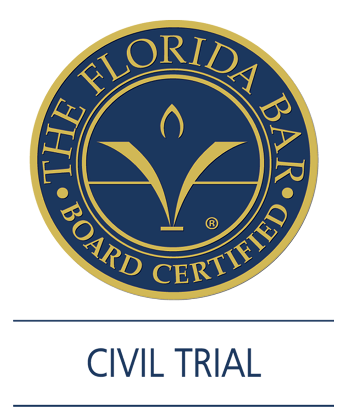 Florida Bar Board Certified Civil Trial logo: navy blue and gold seal with text and a symbol.