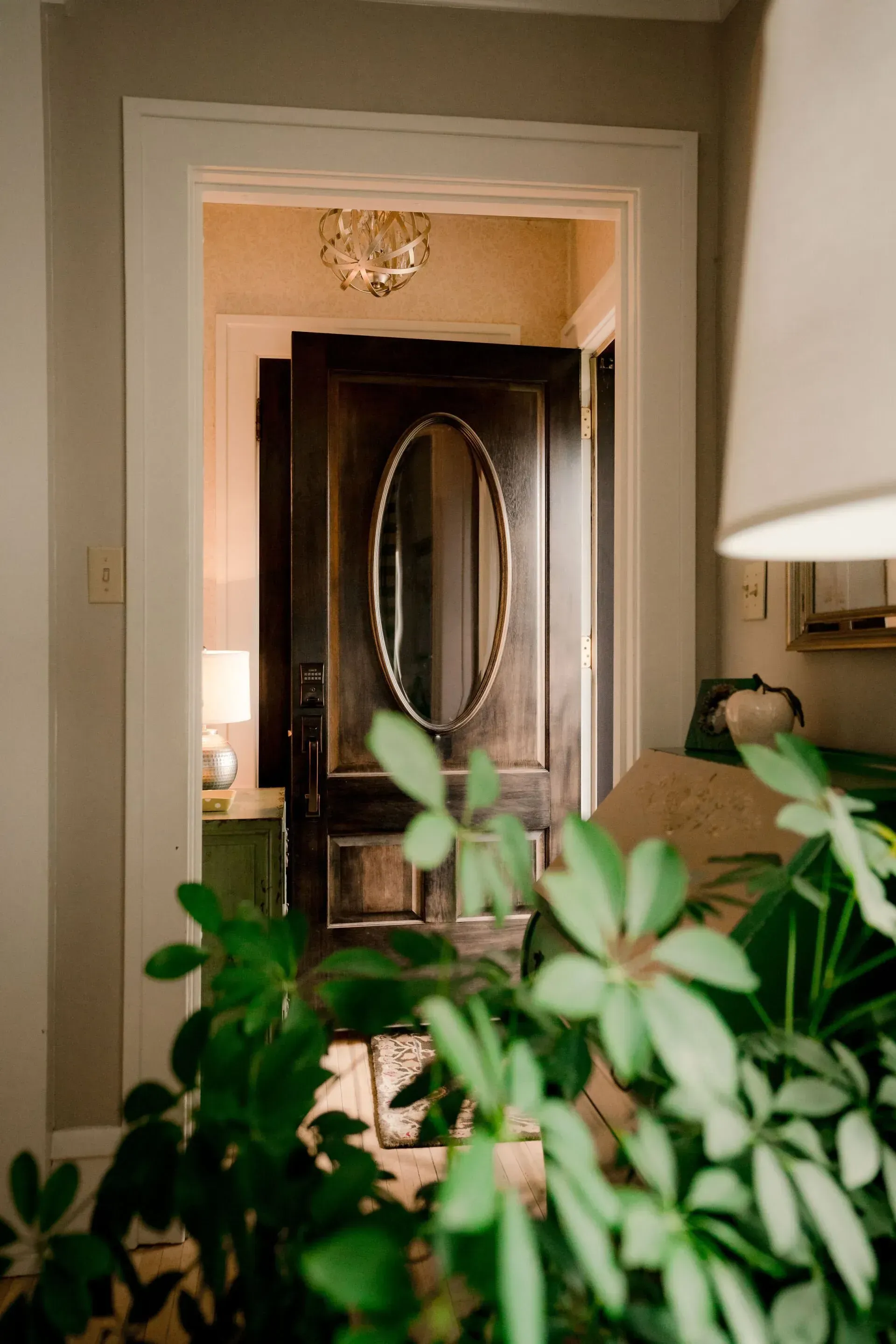 A doorway leading into a living room with a lamp and a plant