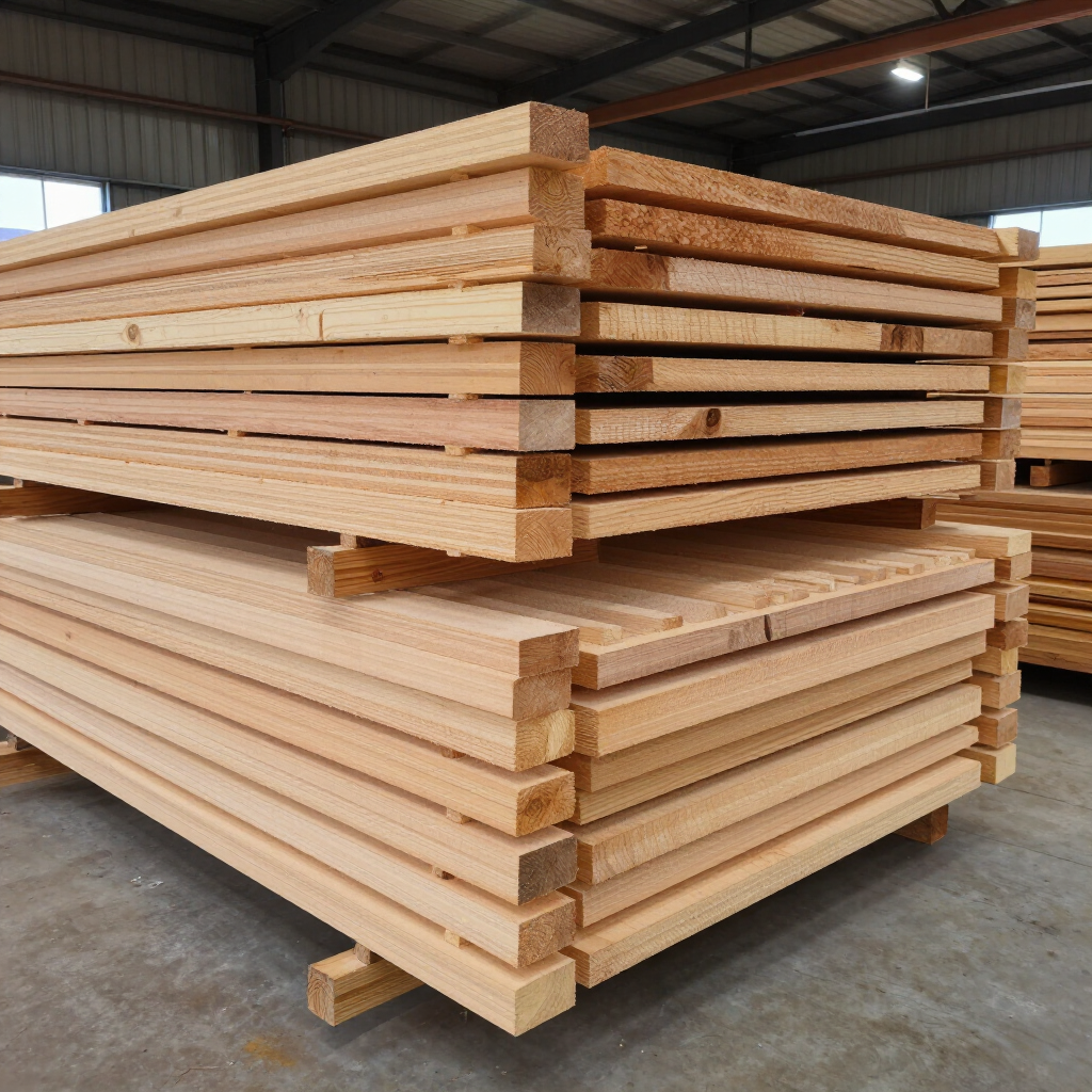 Montones de tablones de madera cortados apilados en un almacén.