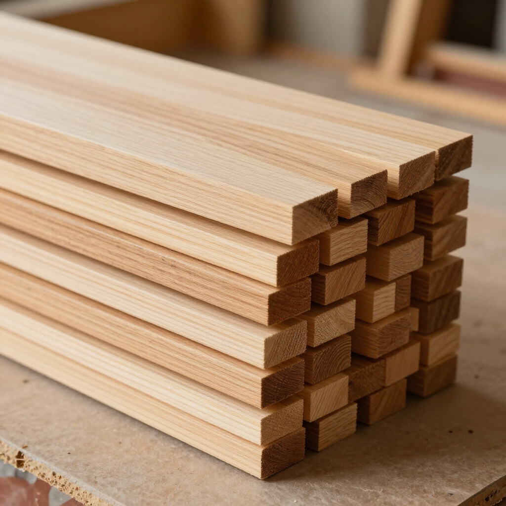 Pilas de tablas de madera clara, cuidadosamente apiladas sobre un banco de trabajo
