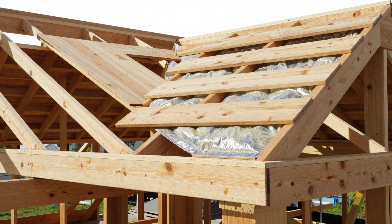 Cerchas de madera en construcción en una obra de estructura de una vivienda